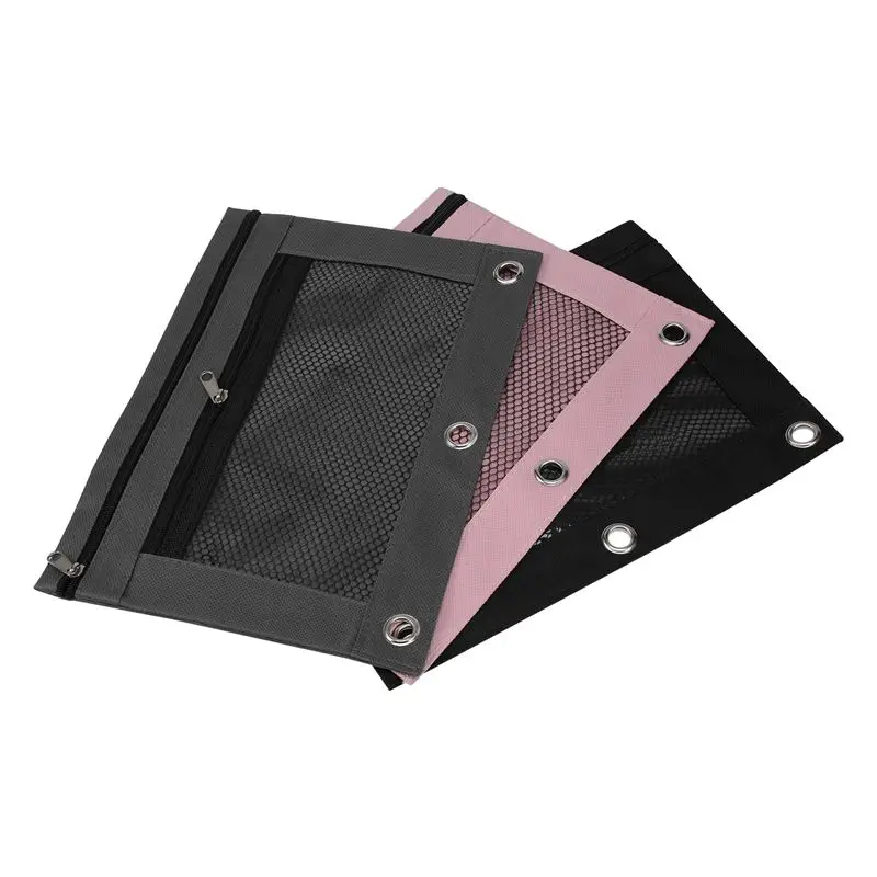 ABRI-3 Pcs 3 Ring Binder Pencil Pouches Zipper Pouch Double Pocket Pencil Bag Mesh Window Pencil Case For Students Stationery