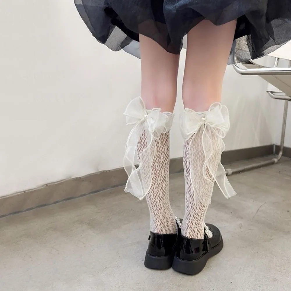 Sweet Lace Trim Knee High Socks Bowknot Ruffle Lace Children's Socks Mesh Thin Tube Lace Stockings School Uniform