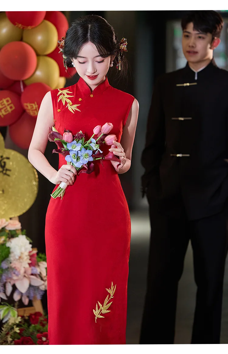 

Летнее платье Cheongsam без рукавов в стиле ретро, элегантное красное свадебное вечернее платье Qipao в китайском традиционном стиле для женщин