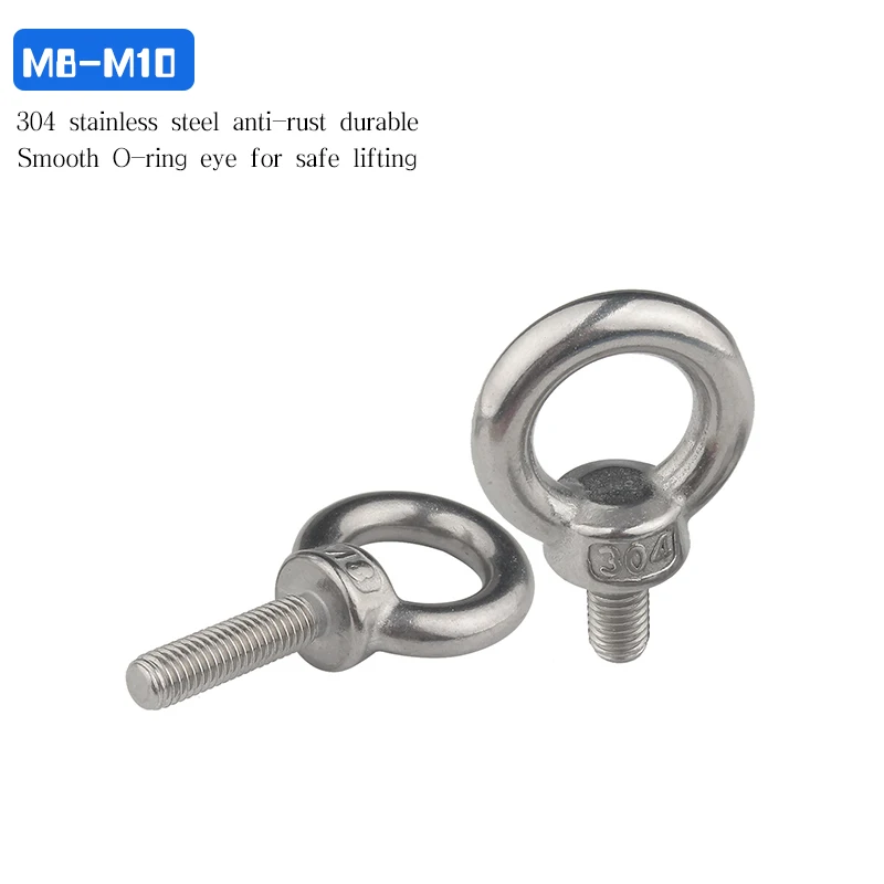 304 Stainless Steel Extended Eye Bolt & Nut Kit, O Ring Lifting Eye Screws M8 M10 Household Hardware Fittings