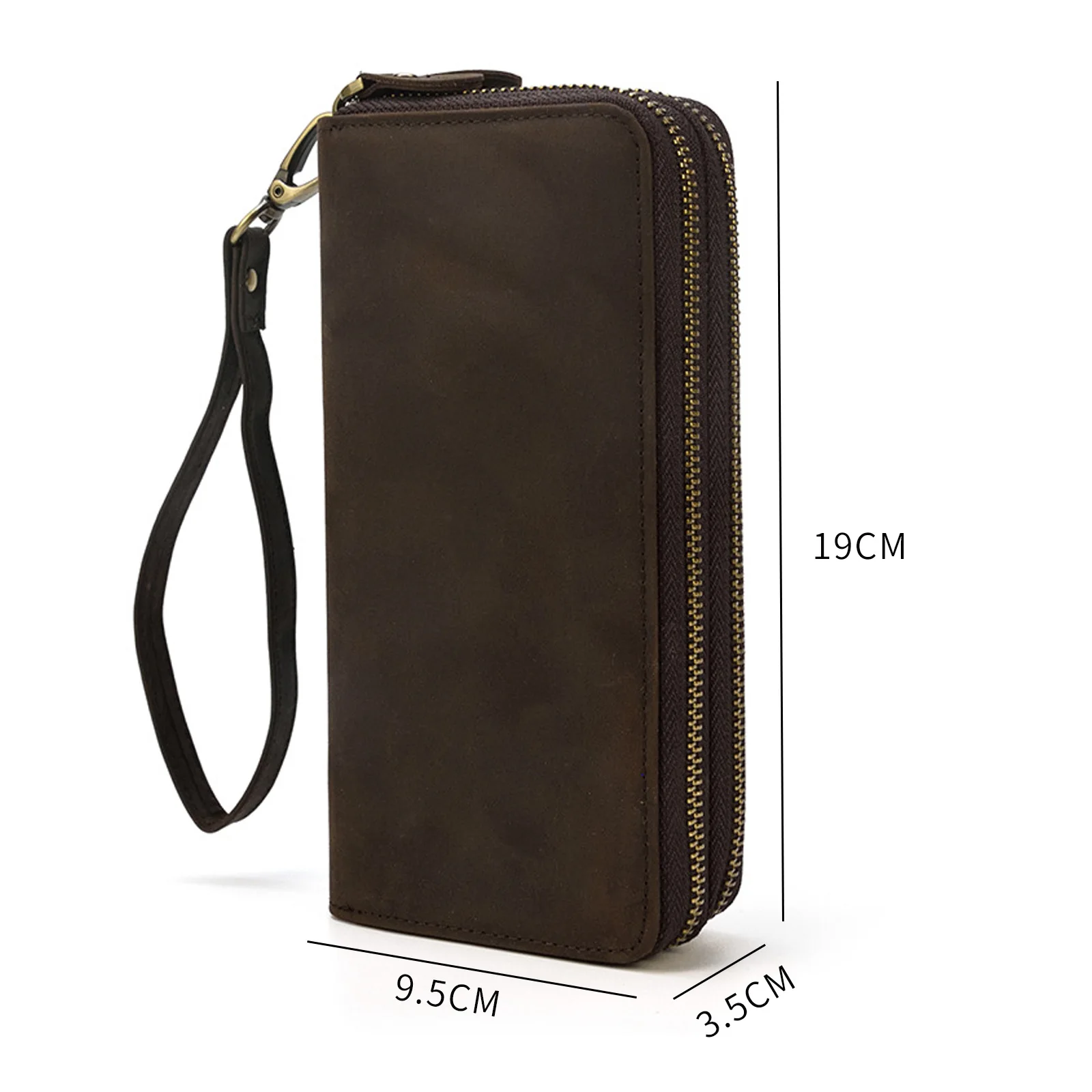 Vintage Crazy Horse Leather Long Wallet Men Double Zipper Coin Purse Top Grain Cowhide Clutch Billfold RFID Blocking