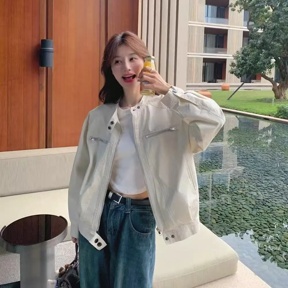 Double-layer with lining, American stand-up collar tooling jacket for women's spring and autumn loose