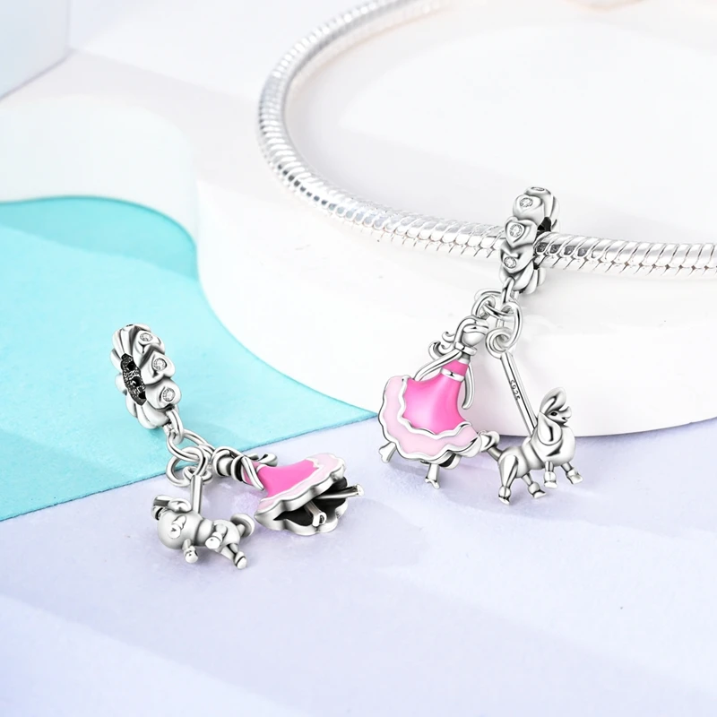 Fashionable 925 Sterling Silver Pink Princess Dress Barbie And Poodle Charm Fit DIY Bracelet Necklaces Women\'s Date Accessories