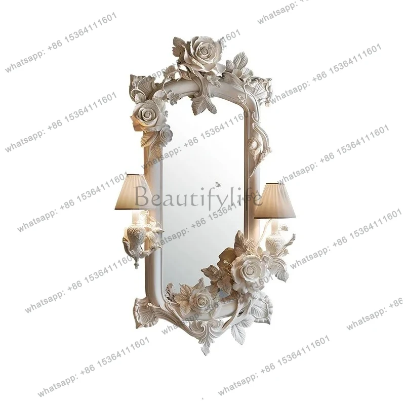 

French carved bust mirror European living room fireplace decorative mirror beauty salon makeup mirror with lamp