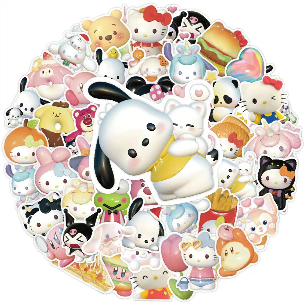 10/30/60 Uds 3D Sanrio Kawaii Cinnamoroll Pochacco Hello Kitty dibujos animados lindo pegatina de Graffiti juguete para niños DIY taza de agua guitarra