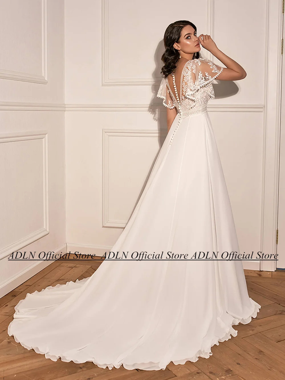 Summer Chiffon Wedding Dress Sexy V Neck Batwing Sleeves Applique Top A Line Sweep Train Back Zipper Buttoms Bridal Gown