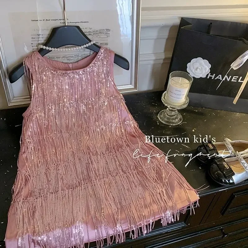 2026 New Girls Dress Summer Children's High-end Tassel Sequin Vest Dress Stylish Birthday Dress 90-140CM