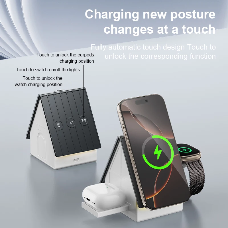 

Magnetic Solid Fit Higher Charger Automatic Touch Design 4 In 1 Wireless Charger For Iphone 16 15 14 Pro Max Apple Watch Charge