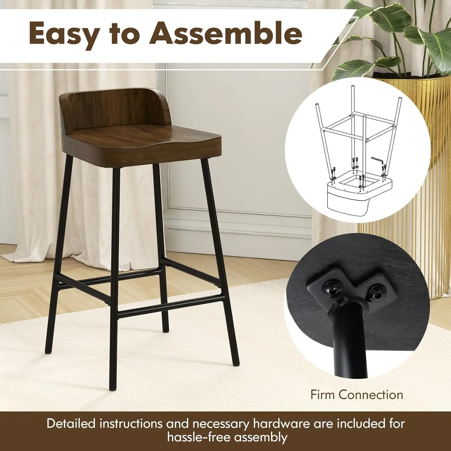 Goflame 24.5"" Low Back Bar Stool With Curved Seat, Industrial Breakfast Counter Height Chair With Footrest & Adjustable Foot
