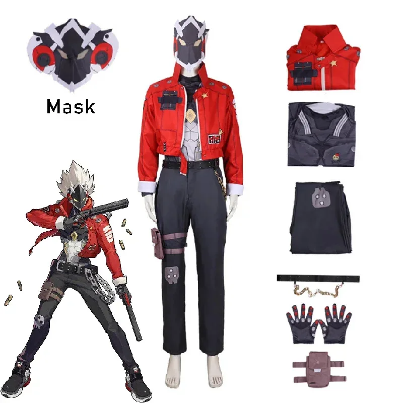 

Anime Game Zenless Zone Zero Billy The Kid Cosplay Costume 7pcs Red Uniform Mask Belt Glove and Leg Bag Role Play Outfit for Men