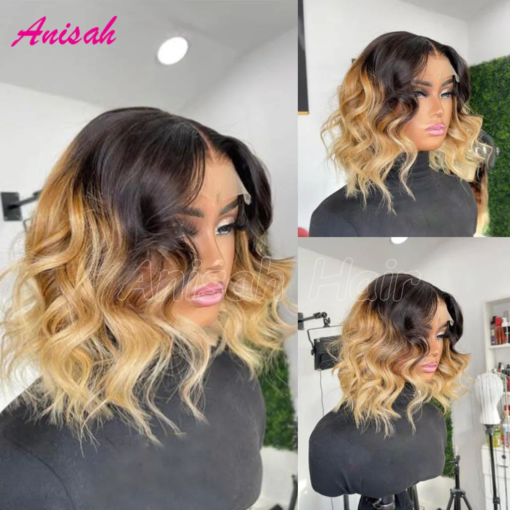 

Two Tone Ombre Honey Blonde Colored Short Bob Human Hair Wigs Wavy Raw Indian Human Hair Lace Front Wig