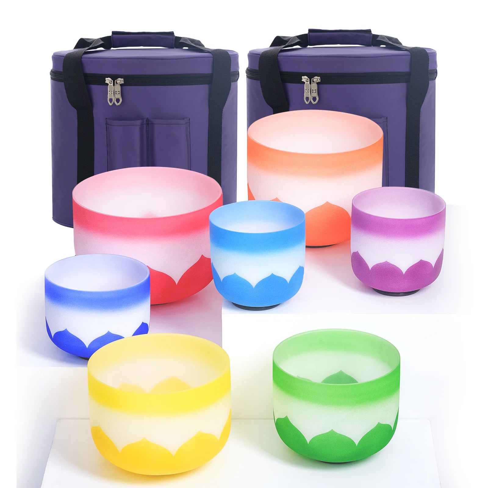 KVKA 6 -12 Inch Color Frosted Quartz Crystal Singing Bowl 440hz or 432hz 7 Notes CDEFGAB Set of 7Pcs for Yoga Sound Bath Healing