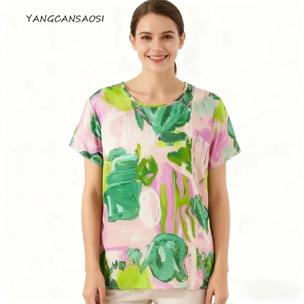 

Женская повседневная одежда, свободная футболка из 100% натурального шелкового атласа с круглым вырезом и короткими рукавами, удобная для кожи базовая футболка с чернилами и граффити