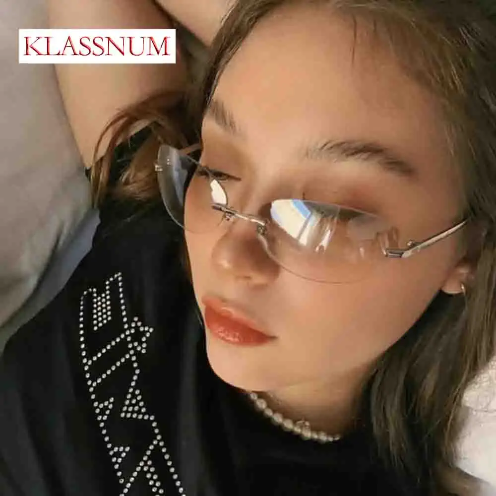 KLASSNUM 2026 Fashion Y2K Rimless Sunglasses Women Vintage 2000s Aesthetic Rectangular Sun Glasses Luxury Designer Sports Shades