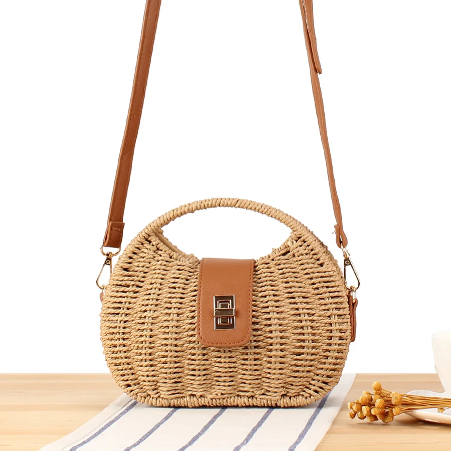 

Weave Straw Shoulder Bags for Women Summer Semi-circular Design Small Crossbody Bag Travel Beach Clutch Bags Handbags and Purses