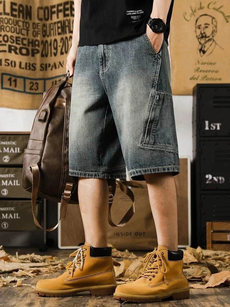 Big Size Men's Vintage Denim Shorts Loose Fit Many Pockets Breathable Material Knee-Length Summer Wear
