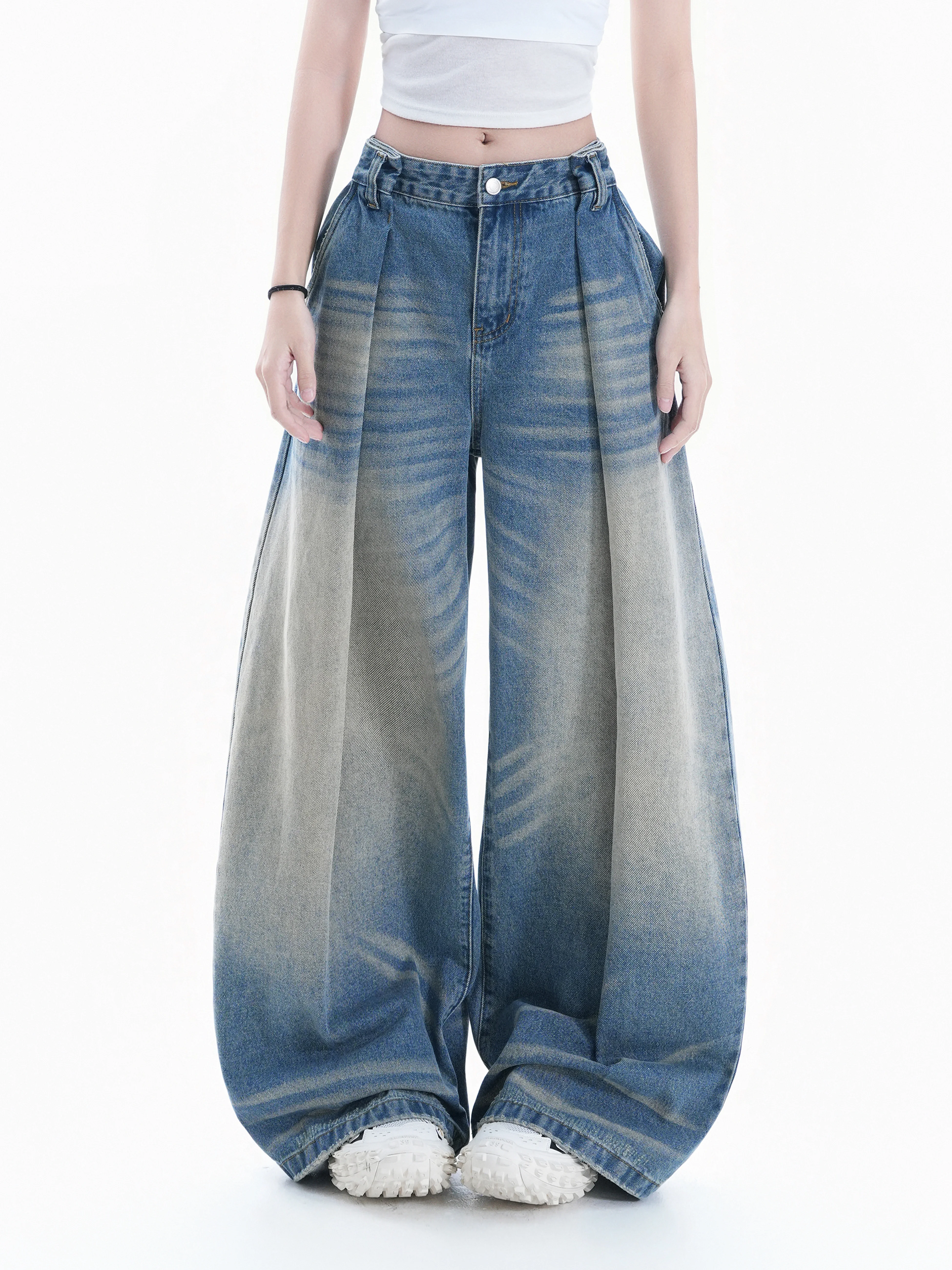 

American Style Vintage Gradient Bend Knife Jeans Women Loose Wide Leg Pants Slimming Floor-Length Casual Cotton Denim