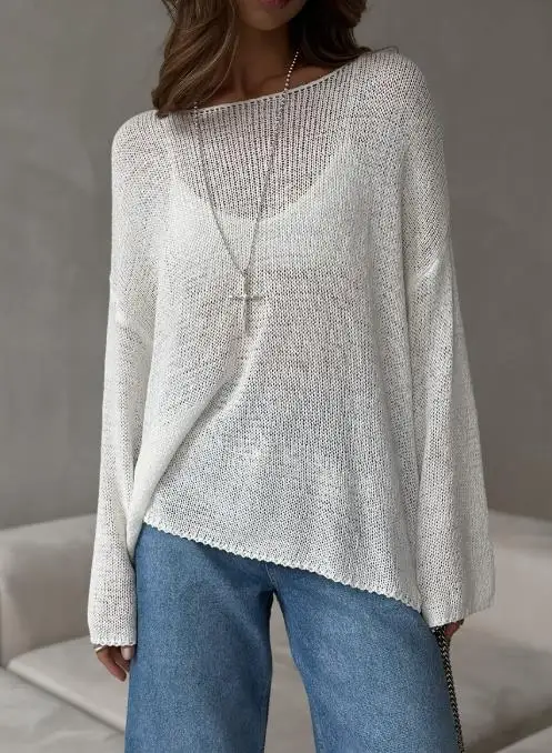 

Новый летний вязаный полый топ, женский модный повседневный простой однотонный свободный полый вязаный топ с длинными рукавами и перспективным чехлом