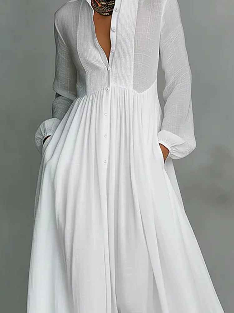 Casual Pocket Lange Mouw Swing Jurk Mode Stand Kraag Franse Witte Jurk Vrouwen Elegante Single-breasted Geplooide Lange Jurk