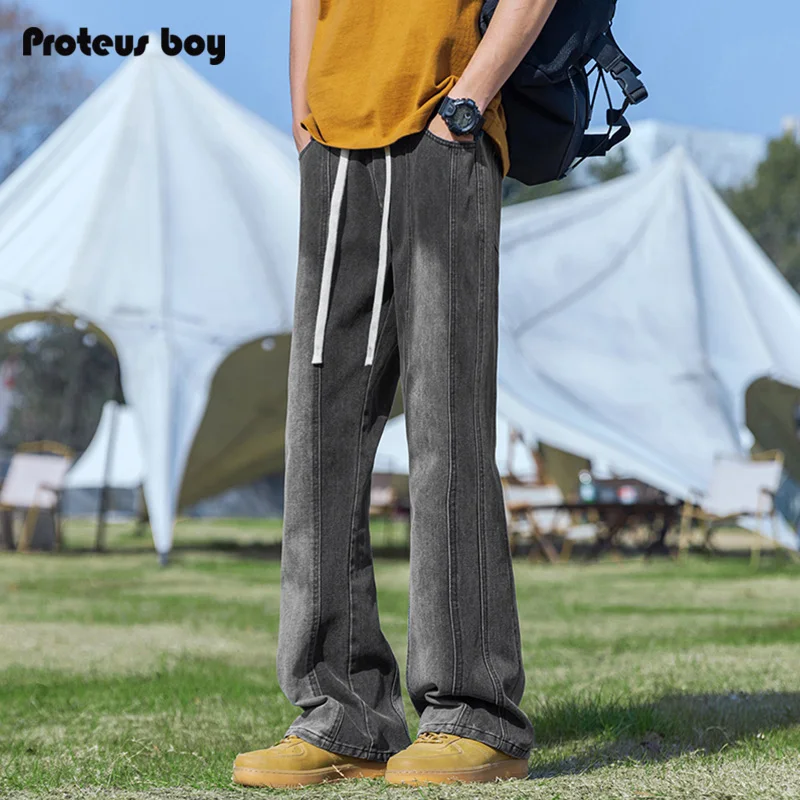 

ProteusBoy, американские ретро спортивные джинсы на открытом воздухе в стиле пэчворк, повседневные расклешенные джинсы с прямыми штанинами, смесь хлопка и полиэстера