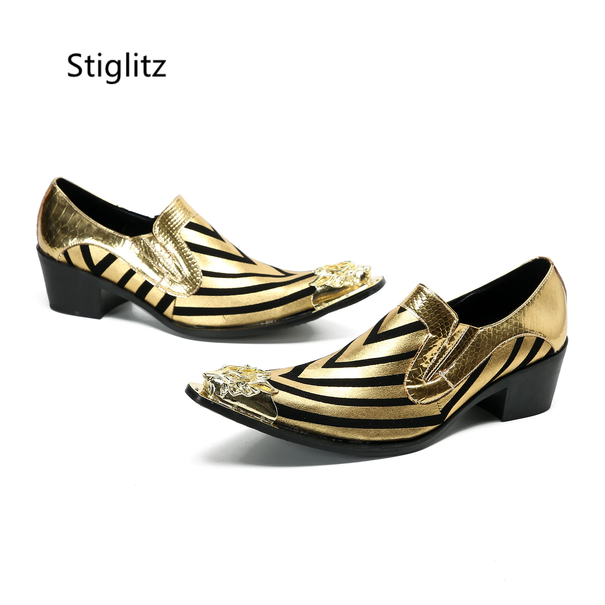 Metal Pointed Toe Gold Wedding Shoes Genuine Leather Men's Shoes Casual Business Shoes Luxury Slip On Catwalk Office Shoes