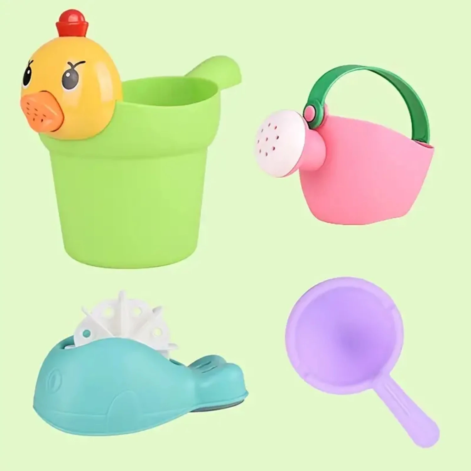 Juego de cuatro piezas de pato amarillo, baño para niños, juego de 4 piezas, juguete de ducha, agua contra salpicaduras, juego de biberones, playa de goma suave