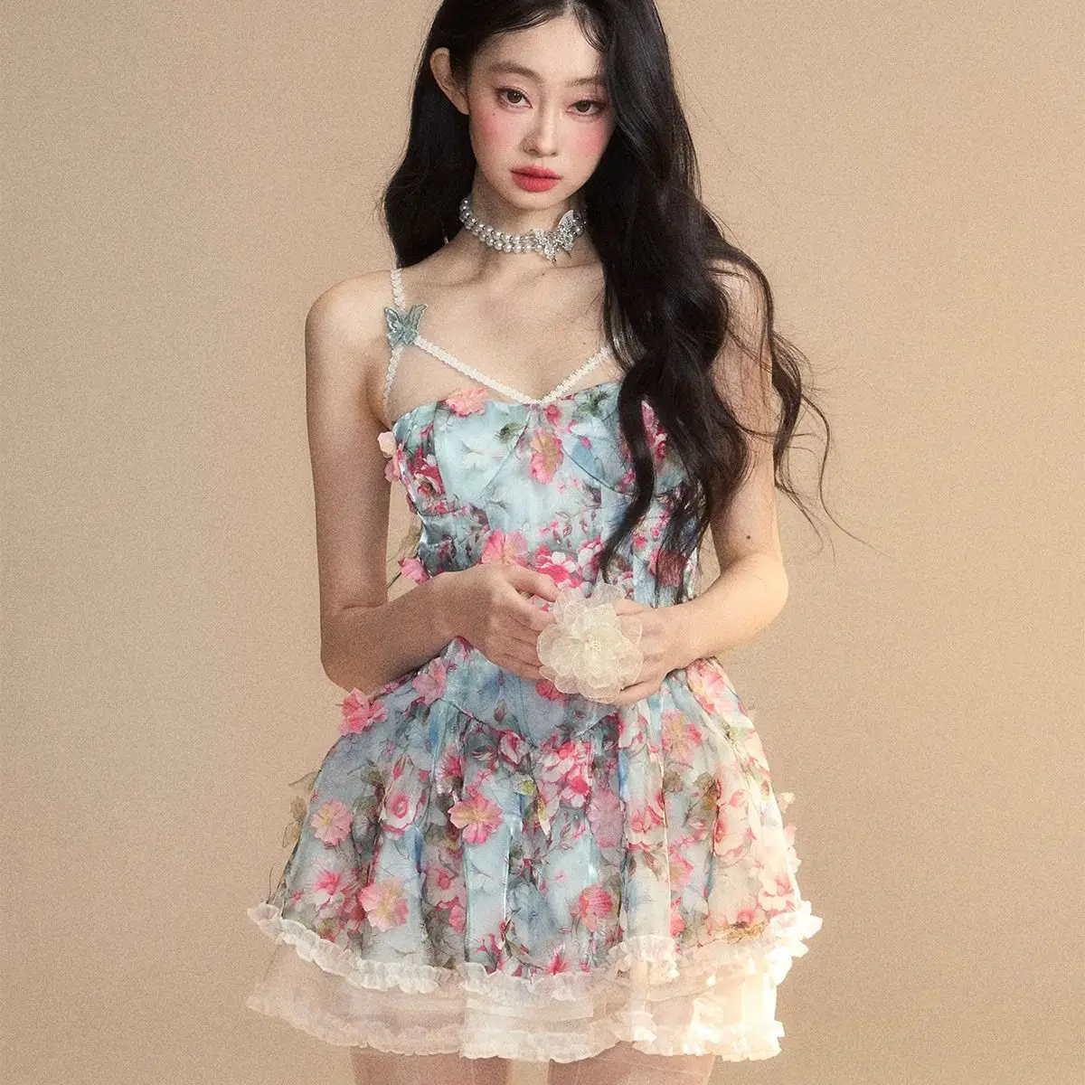 

Dress for Women Summer New High-end Designed French Sweet Elegant Style Niche Chic Floral Puffy Suspender Waist-hugging Dress