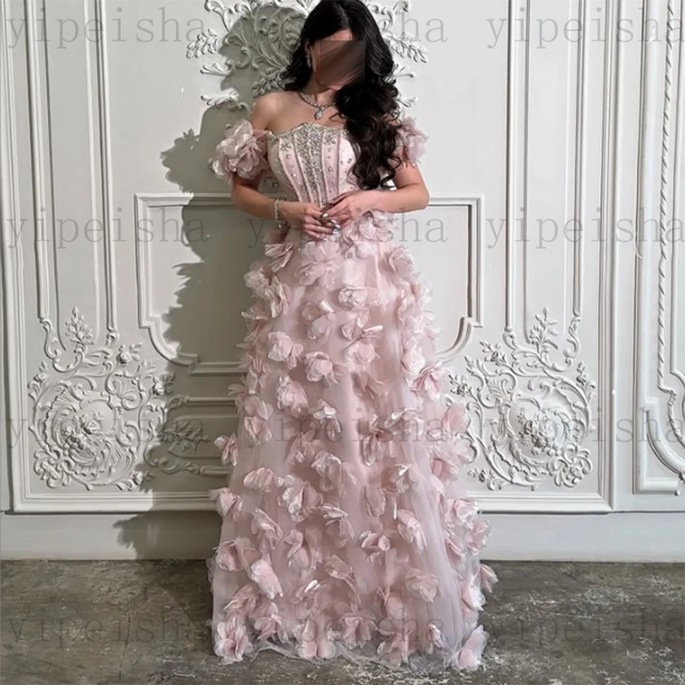 فساتين سهرة وردية مخصصة قبالة الكتف زهور ثلاثية الأبعاد حجر الراين الديكور مطرزة فستان حفلات ألف خط فستان حفلة عيد ميلاد #3