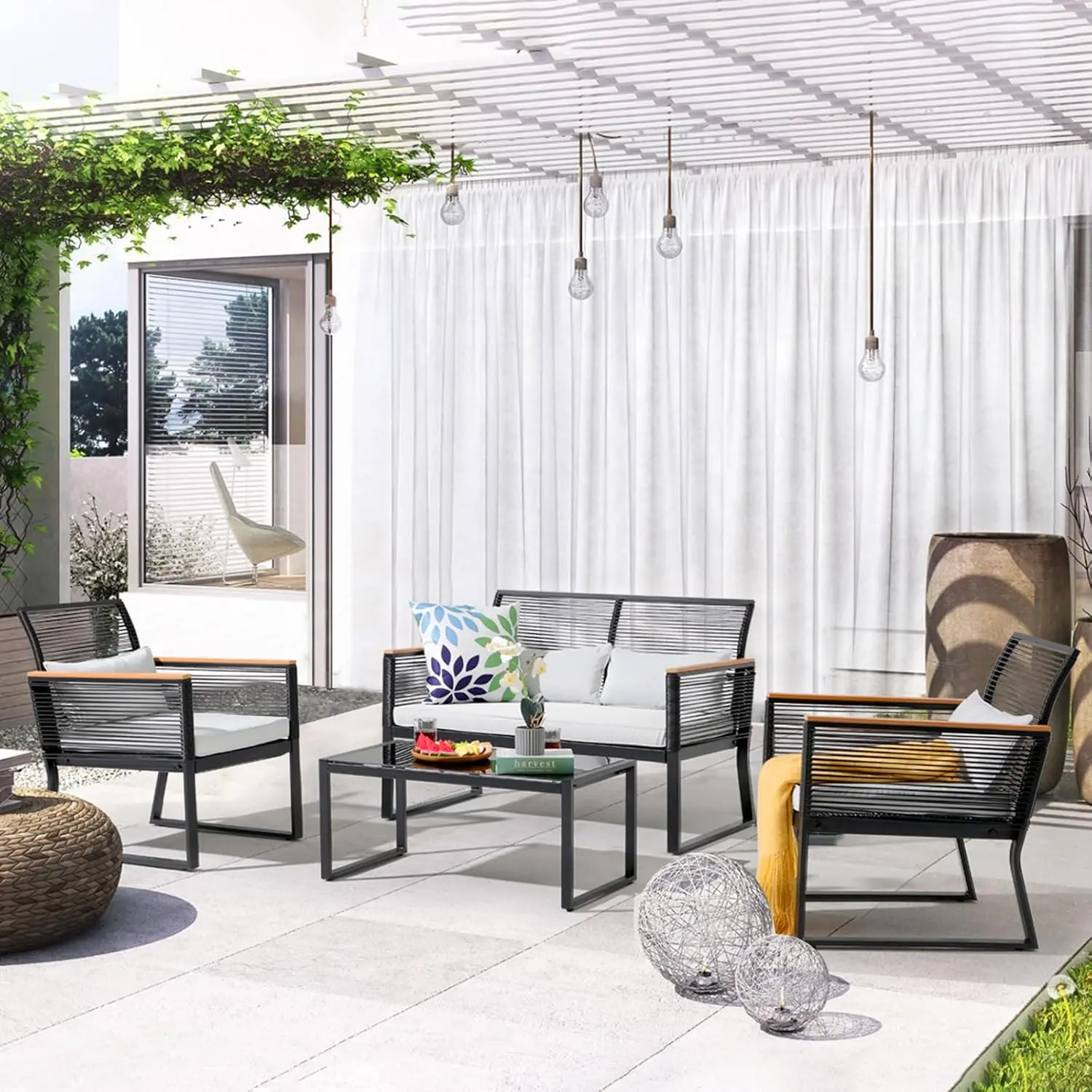 

Patio Furniture Set, Outdoor Wicker Bistro Set, All-Weather Rattan Set w/Coffee Table, Loveseat, Cushions for Garden Balcony