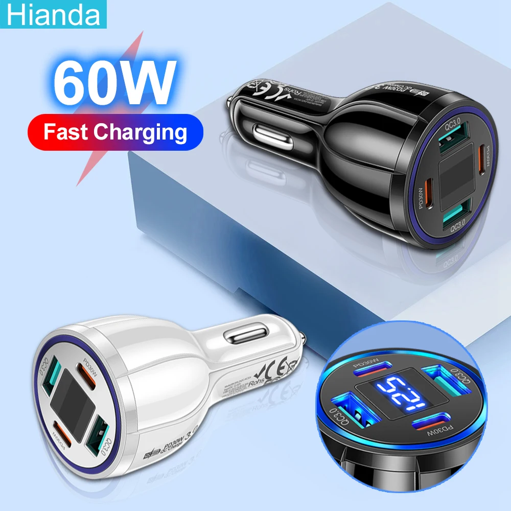 60W Car Charger 4 Ports Fast Charging Adapter for IPhone Samsung Xiaomi Quick Charging Chargers with Digital Display