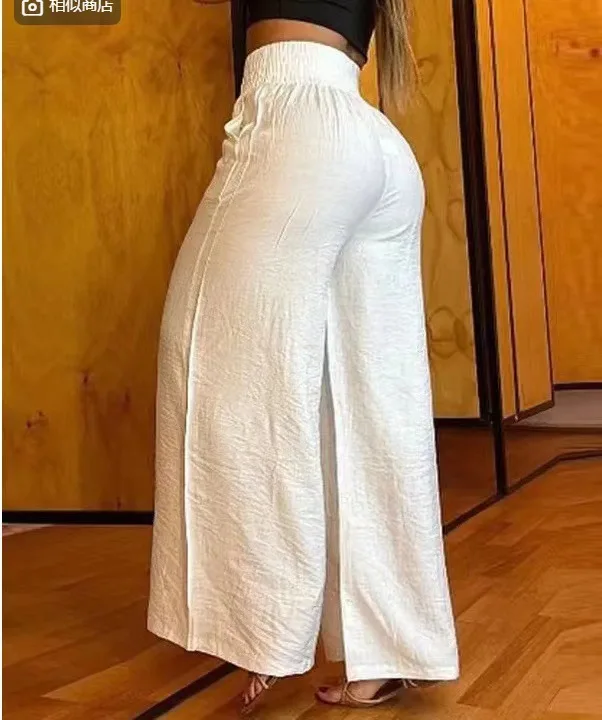 Summer Chain Decor High Waist Wide Leg Pants New Spring Elegant Women Black Casual Pocket Loose Street Trousers Y2k Long Pant