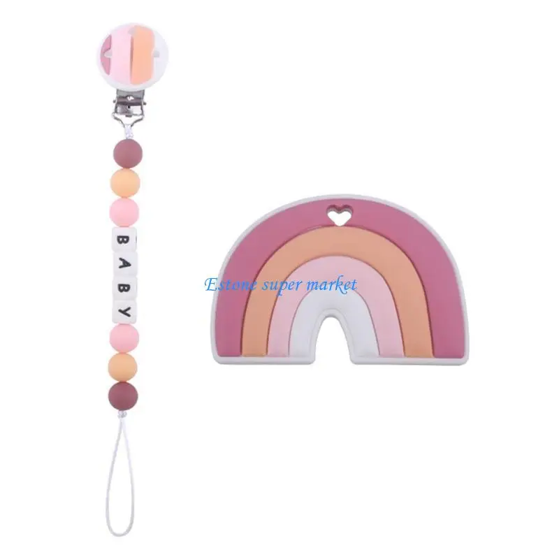 

090B 2 Pcs Baby Pacifier Chain Clip Rainbow Teether Set Newborn Nipple Dummy Clip Holder Silicone Teething Soother Molar