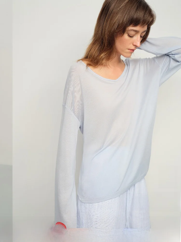 

Летняя тонкая футболка из ветрозащитного материала Teasel Ice Fog Light Wind Silk, женская, с длинным рукавом, V-образным вырезом, повседневного свободного кроя, солнцезащитная