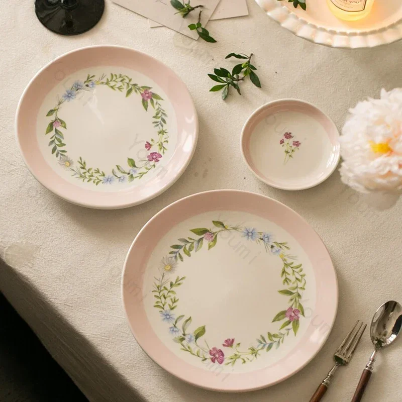 French Style Flowers Ceramic Plates Retro Pink Dessert Small Cake Dining Plate Household Afternoon Tea Exquisite Tableware