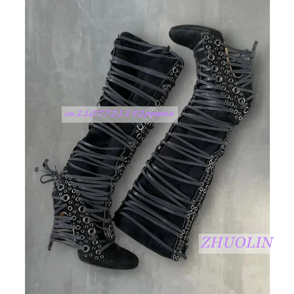 Luxury Handcrafted Metal Eyelet Straight Boots Fashion Runway Multi-Strap Pleated Women'S Boots Lace-Up T-Stage Show Modern Boot