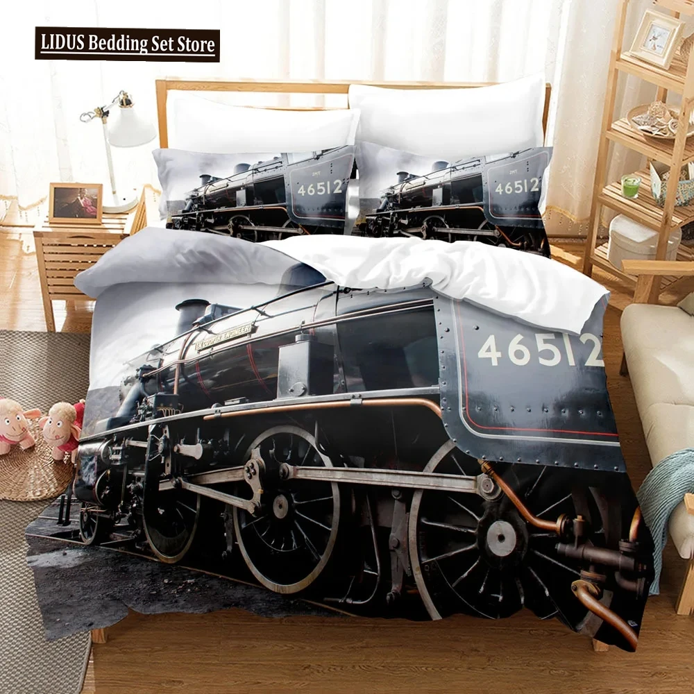 Steam Engine Duvet Cover Set Transportation Old Train King Queen Full Size Polyester Bedding Set For Teen Boys Adult Living Room