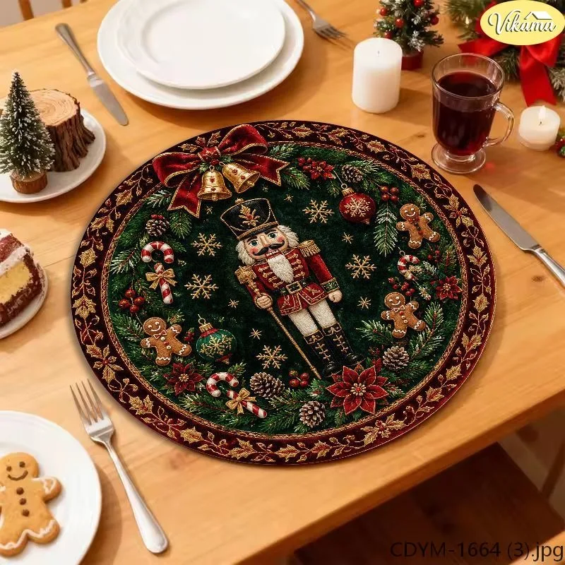 VIKAMA Washable Round Christmas Placemat, Black Gold Snowflake Xmas Tree Rocking Horse Toy Train, Winter Decor