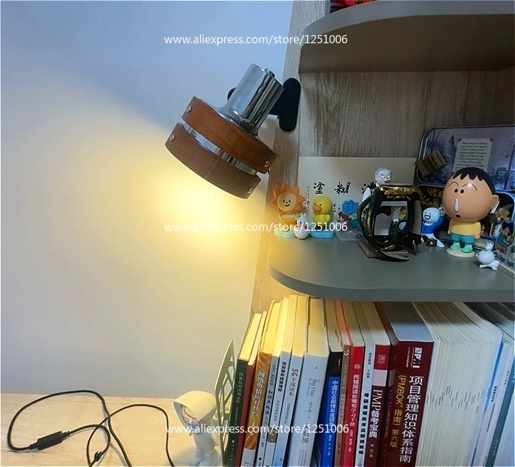 Swing Arm Clip Wall Lamp, Retro Japanese Solid Wood Sconce with Plug Cable, LED Reading Light for Bookshelf Bedside Office Table