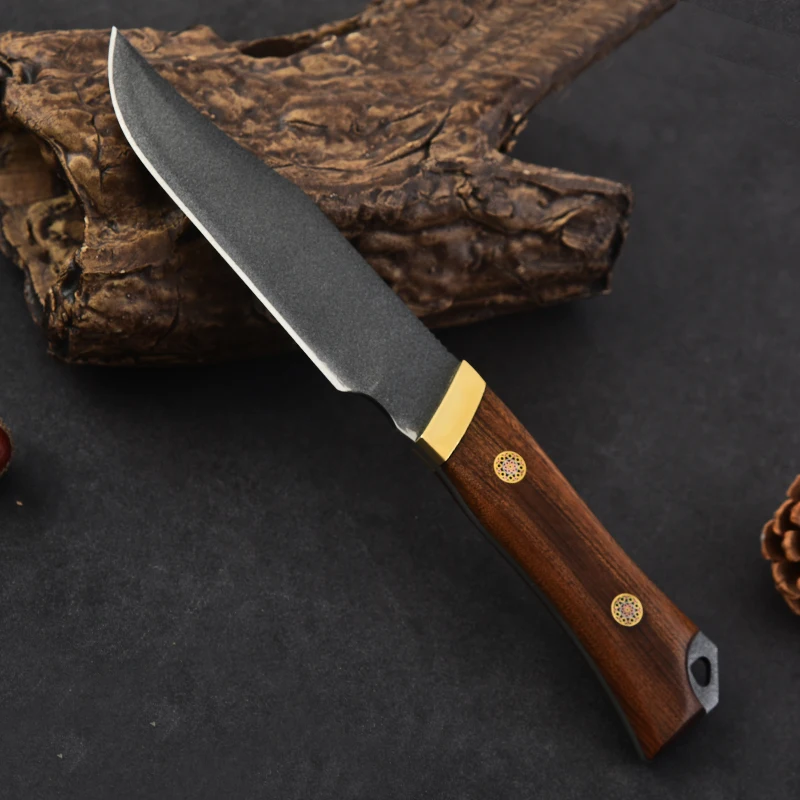 Sanhe steel 9c 고경도 야외 스트레이트 나이프 표면 티타늄 도금 휴대용 과일 칼 컬렉션 수제 칼 로즈