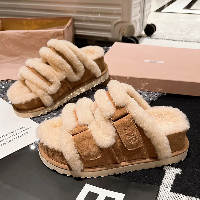 

Furry Slippers Women's Flats Shoes Platform Short Plush Snow Boots 2025 Winter Comfort Home Flip Flops New Brand Mujer Botas