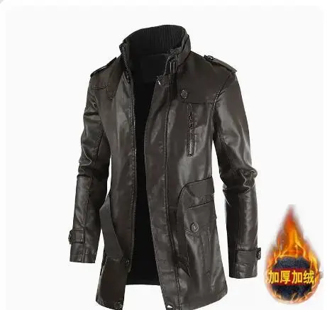 

2022 autumn and winter plush thickened men's new trend mid-length leather jacket plush casual standing collar men's leather coat