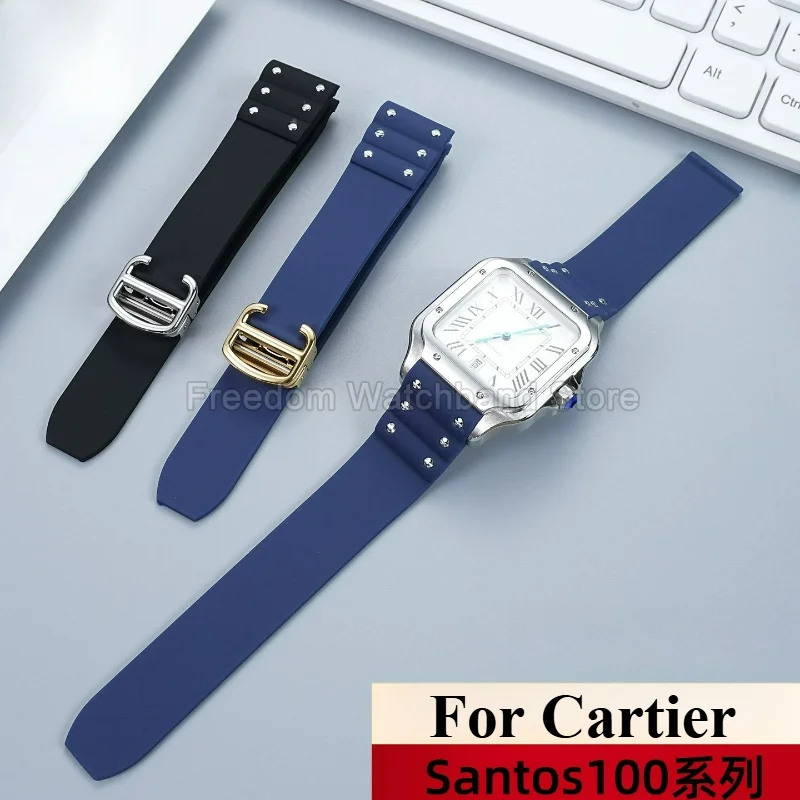 For Cartier Santos Sandoz 100 WSSA0009/18 Rubber Watch Strap with Rivets Silicone Watchband 21mm Straight Interface