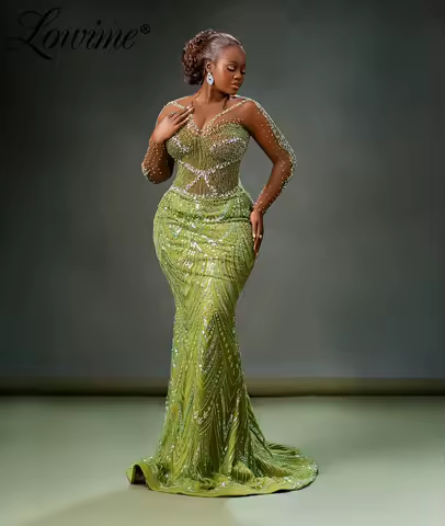 Sage Green Mermaid African Prom Dresses 2025 Customized Long Sleeve Crystal Beaded Evening Dress Abendkleider Arabic Party Dress