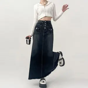 High waist jeans for women, long line, medium length, raw retro edge, women's clothing, Korean style, fall, y2k 8 Main Sales Skirt Office - №3