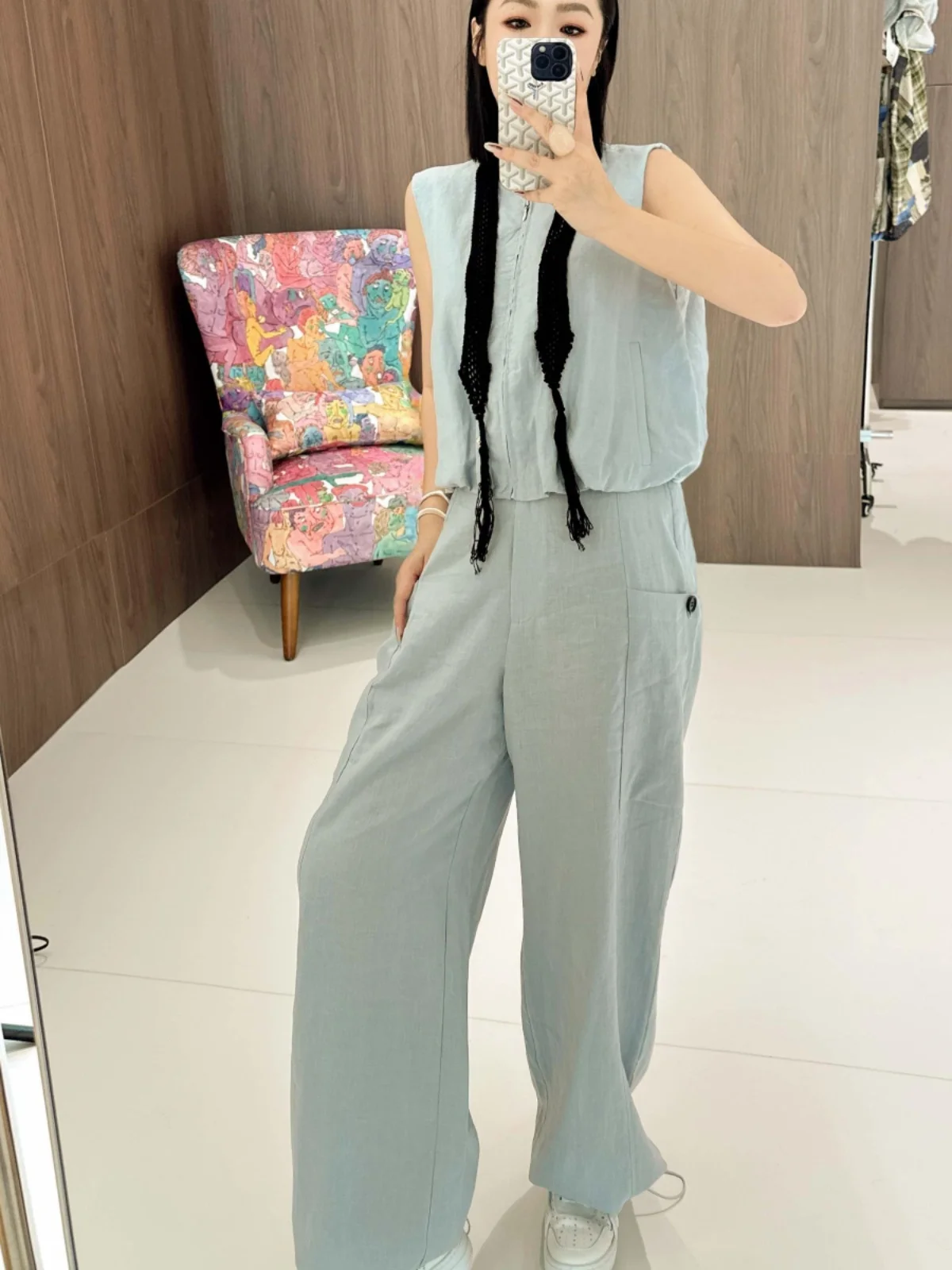 

Early Autumn New Style Cotton Linen Simple Old Money Zipper Vest Casual Loose Pants Set Fashionable Workwear Look
