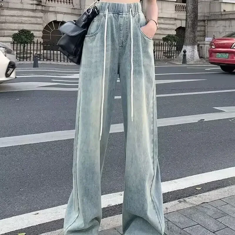 Vintage Drawstring Jeans Women Straight Wide Leg Pants High Waist Pockets Full Length Trousers 2025 Female Denims Streetwear