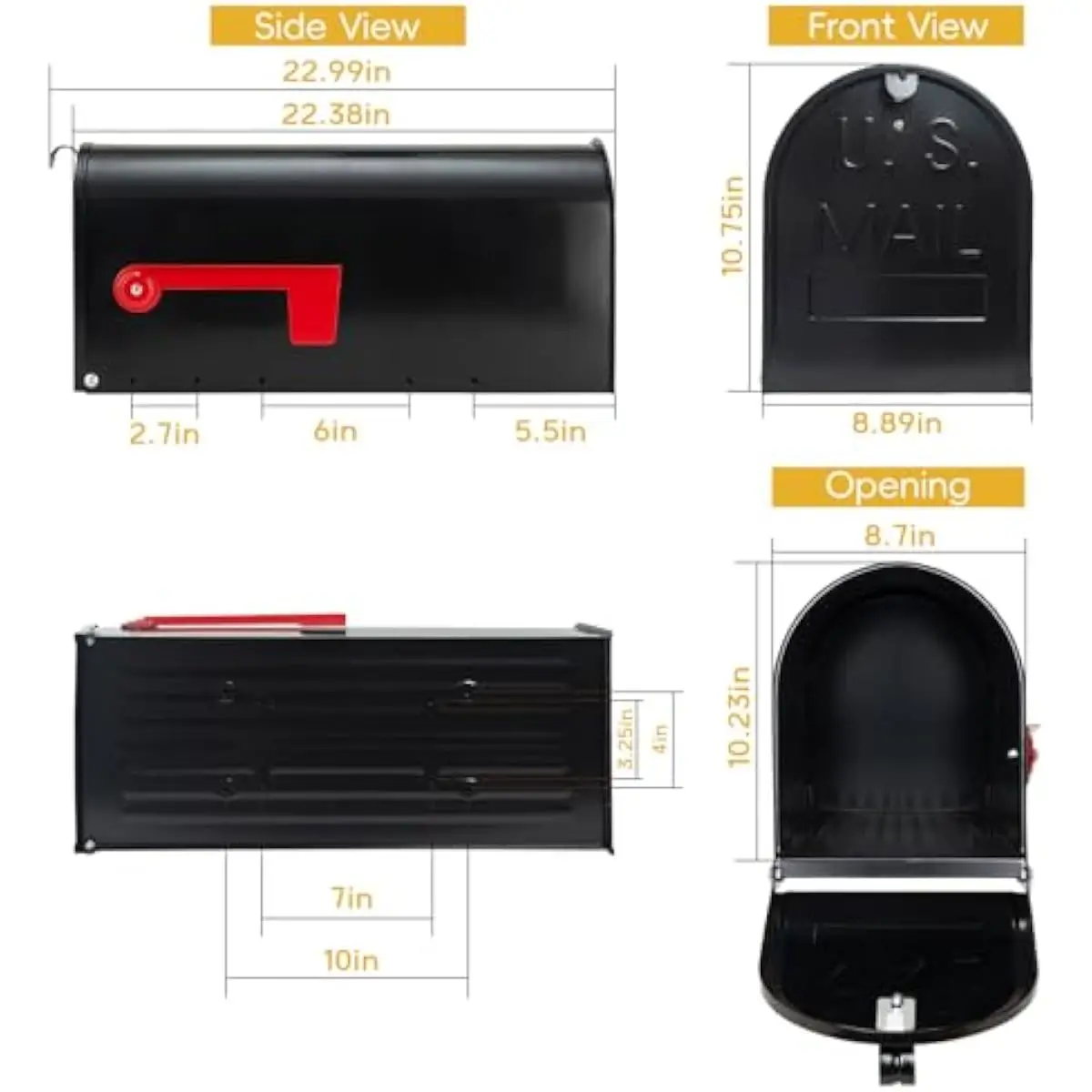 Large Weatherproof Galvanized Steel Outdoor Mailbox with Arched Top Design Dimensions 22 Inches Deep by 10.7 Inches Wide by 8.9