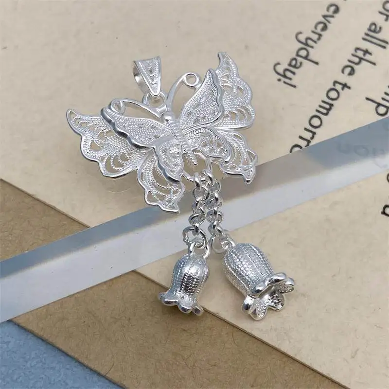 Women's 990 Pure Silver Filigree Tassel Pendant Lily of the Valley Butterfly New Chinese Style Necklace Accessory Charm Chain