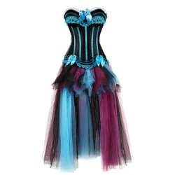 Women's Sexy Corset Dress Vintage Satin Lace Corset Bustier Lingerie Top with Burleque Multicolor Tulle Long Skirt Set Plus Size