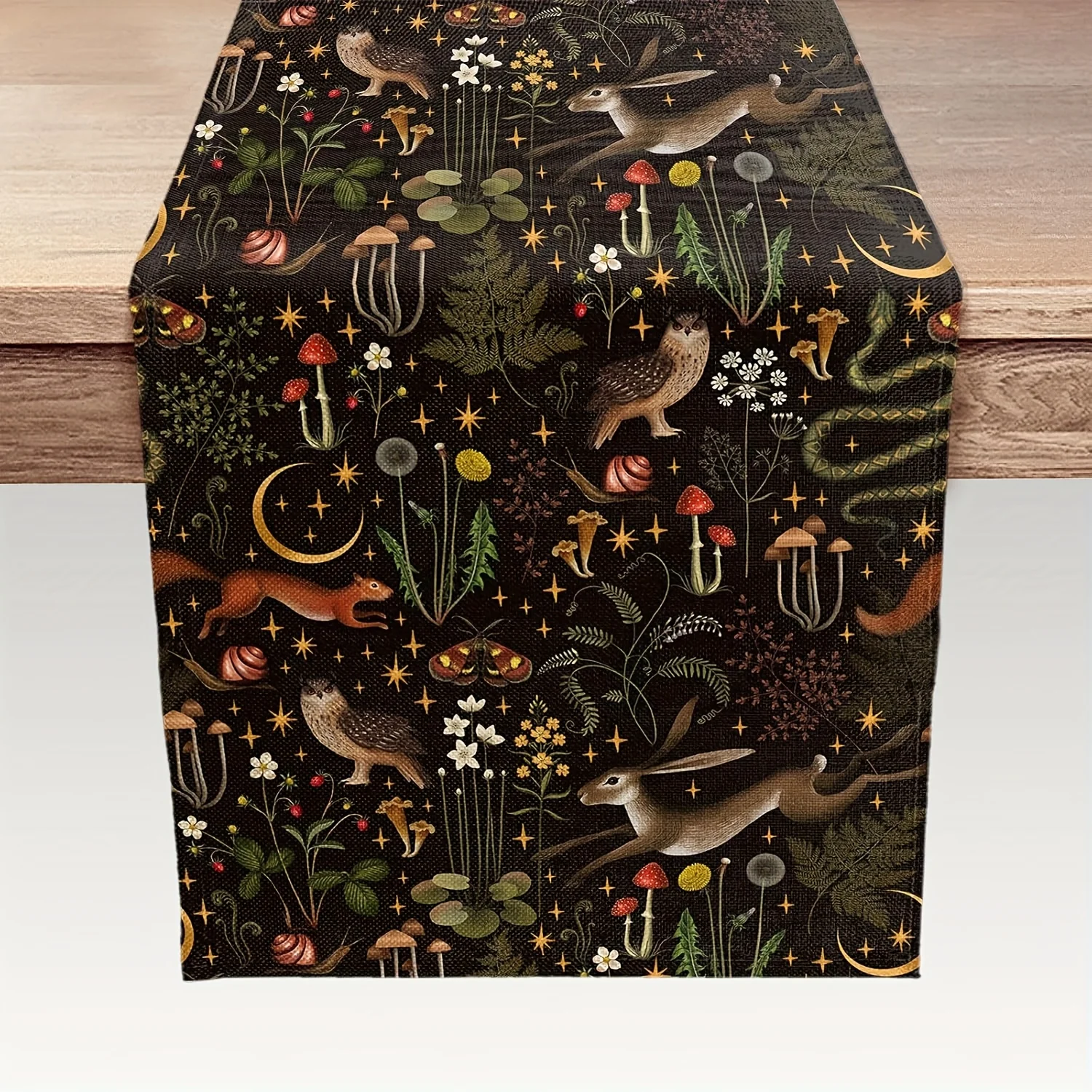 1pc Table Runner With Whimsical Forest Scene - Foxes Rabbits Mushrooms & Stars Design Rectangular Dresser Scarf For Indoo